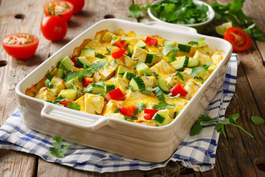 A rustic casserole dish overflows with vibrant vegetables on a wooden table, showcasing a bountiful and nutritious meal.
