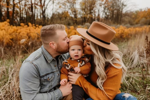 A man and woman tenderly kissing a baby in a vibrant field, surrounded by beauty and love.
