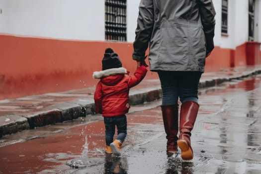 A woman and child walk together in the rain, huddled under an umbrella, their figures blurred by the falling water droplets.