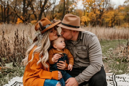 A man and woman sit on a blanket holding a baby, enveloped by serenity in a natural setting.