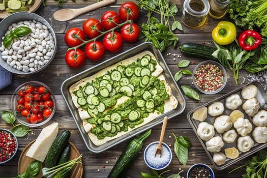 A colorful array of various foods spread across a table, showcasing a chaotic yet inviting display of different flavors and textures.