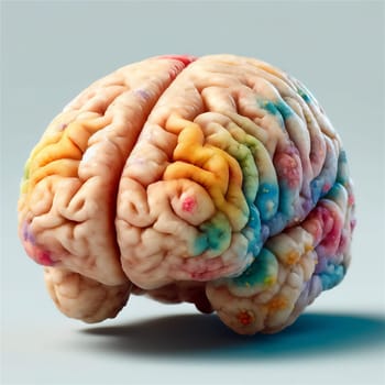 This image shows a detailed anatomical model of the human brain, generated by AI. It highlights various brain structures in a side view.