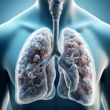 This AI-generated image showcases detailed visualizations of human lungs in various states of health and disease, emphasizing both aesthetic and functional aspects of pulmonary anatomy.