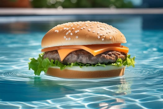 A burger with beef patty and double cheese floats in the blue water of the hotel's pool. Hotel services and meals during the holidays.