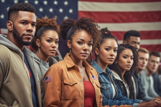 Large group of young people on the background of the flag of the United States of America.