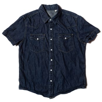 Men's casual denim short-sleeved shirt on white background