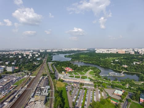 Top view of the city of Moscow, buildings and roads and other infrastructure of the city. Cityscape view from above.