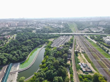 Top view of the city of Moscow, buildings and roads and other infrastructure of the city. Cityscape view from above.