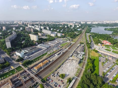 Top view of the city of Moscow, buildings and roads and other infrastructure of the city. Cityscape view from above.