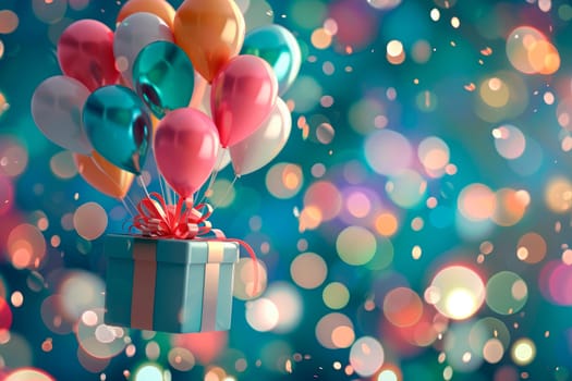 Colorful helium balloons tied to the gift box. AI generated
