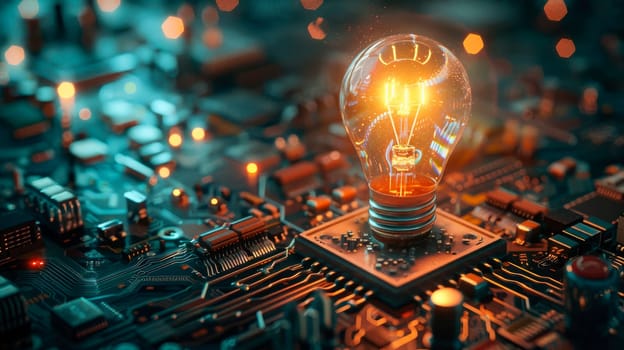 Innovation concept with a light bulb on top of computer motherboard. AI generated