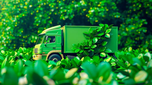 Eco friendly transportation concept. Green lorry on greenery background. AI generated