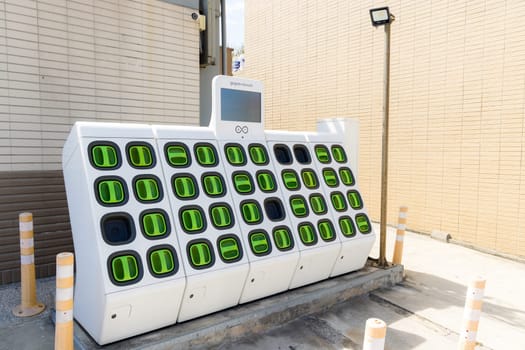 Taipei 16 October 2023: Gogoro Battery charging station for scooter bike motorcycles in Taiwan