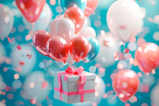 Gift box or present box with color balloons flying on beautiful bokeh background. AI generated