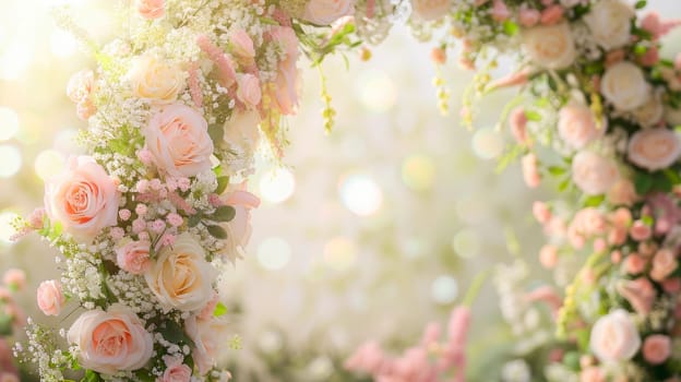 Wedding arch with delicate pastel color flowers and soft sunlight. Wedding ceremony and romantic decoration concept. Design for wedding invitations. AI generated