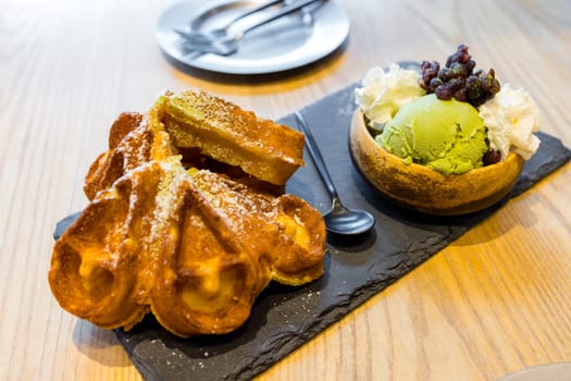 Waffle with green tea iced cream