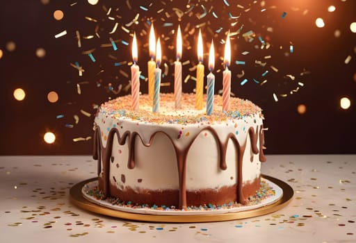 AI generated of birthday cake with candles and confetti raining down on a table