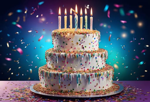 AI generated of a birthday cake with candles and confetti