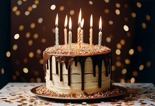 AI generated of a birthday cake with lit candles on it