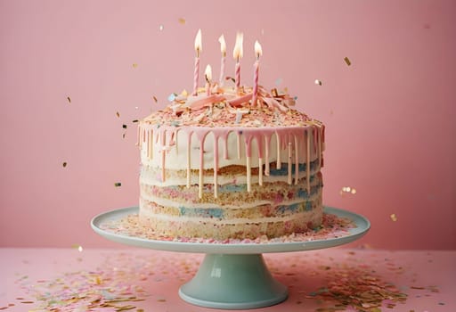 AI generated of a cake with pink frosting, candles and sprinkles on top
