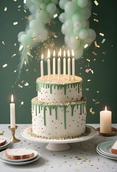 AI generated of a birthday cake with confetti raining down on the table