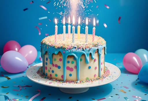 AI generated of a birthday cake with confetti raining down and balloons on the table