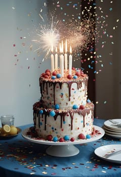 AI generated of a cake with candles, fireworks and sprinkles on top, with confetting raining down on it