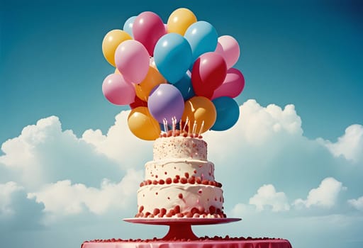 AI generated of a birthday cake with colorful balloons on top of it with cloudy sky on the background