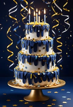 AI generated of a blue and gold birthday cake with candles on top and gold confetti raining down