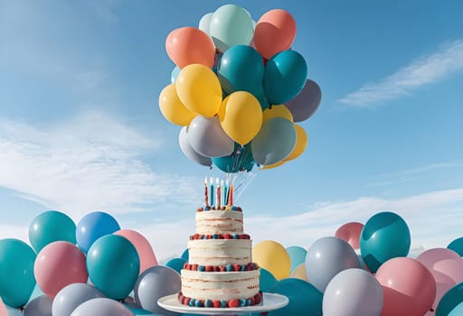 AI generated of a cake with many balloons on it with clear sky background