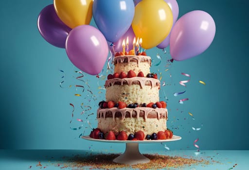 AI generated of a birthday cake with balloons and confetti on top