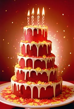 AI generated of a five tiered birthday cake with red icing , candles on top, and confetti raining down