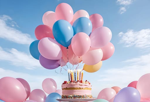 AI generated of a birthday cake with candles and balloons on bright sky with clouds