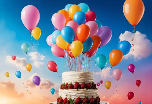 AI generated of colorful balloons are being flown above a cake with dramatic colorful sky background