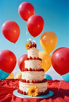 AI generated of a cake with red, yellow and blue balloons and flowers on the table with clear blue sky background