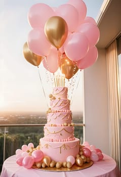 AI generated of a pink and gold birthday cake with balloons and candles on the coridor with sunset sky