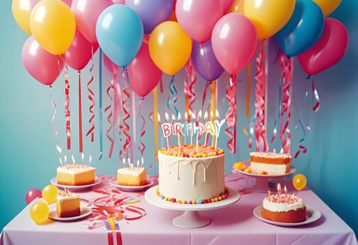AI generated of a birthday cake with the words birthday on it, ribbons and balloons on table