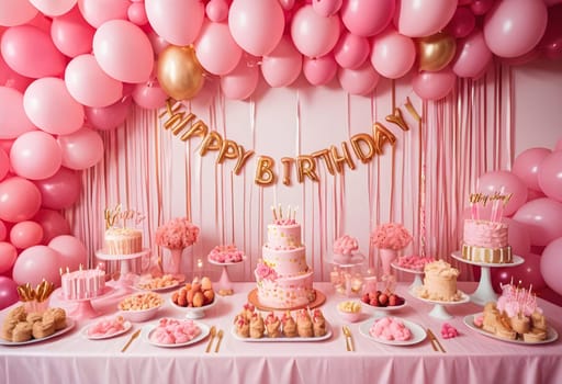AI generated of a birthday party with pink birthday cake, balloons and ribbons decoration on the wall