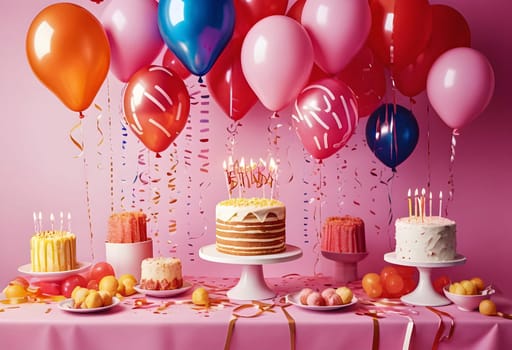 AI generated of birthday party with cake, candles and balloons on pink background