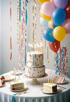 AI generated of a birthday cake with balloons and candles on a table