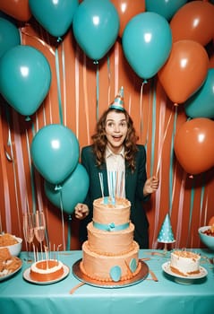 AI generated of a woman is standing in front of a cake with balloons