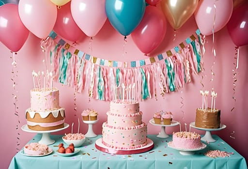 AI generated of a table with birthday cakes, balloons and ribbons decorations