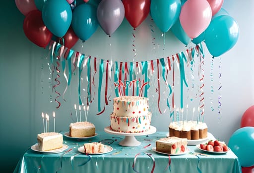 AI generated of a table with a cake, balloons and birthday party decorations