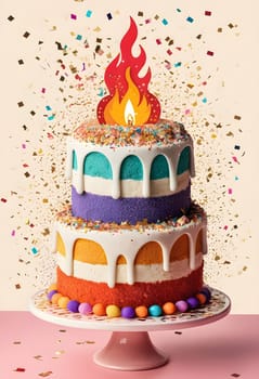 AI generated of a birthday cake with a fire on candle and confetti raining down