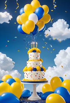 AI generated of a cake with balloons and confetti on top with cloudy blue sky on the background