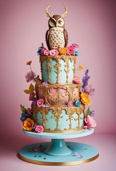 AI generated of a three tiered cake with an owl on top, flowers, and ornaments decoration