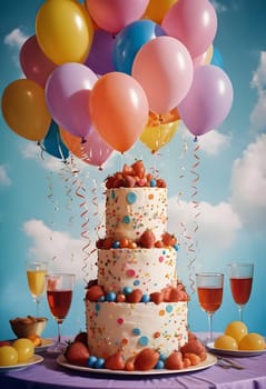 AI generated of a cake with balloons on top on the birthday table setting with cloudy blue sky background