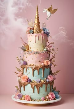 AI generated of a floral decorated birthday cake with a unicorn horn on top and a unicorn flying