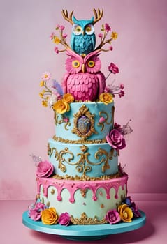 AI generated of a blue and pink cake with an owl on the top