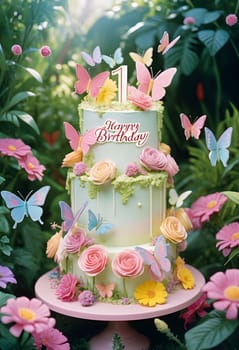AI generated of a birthday cake with butterflies, flowers, and the number one on it